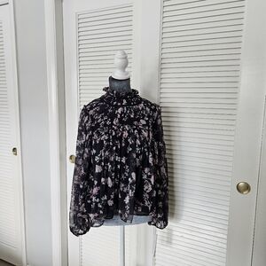 NWT French Connection Floral Long Sleeve Peasant Blouse Navy Blue Size XS